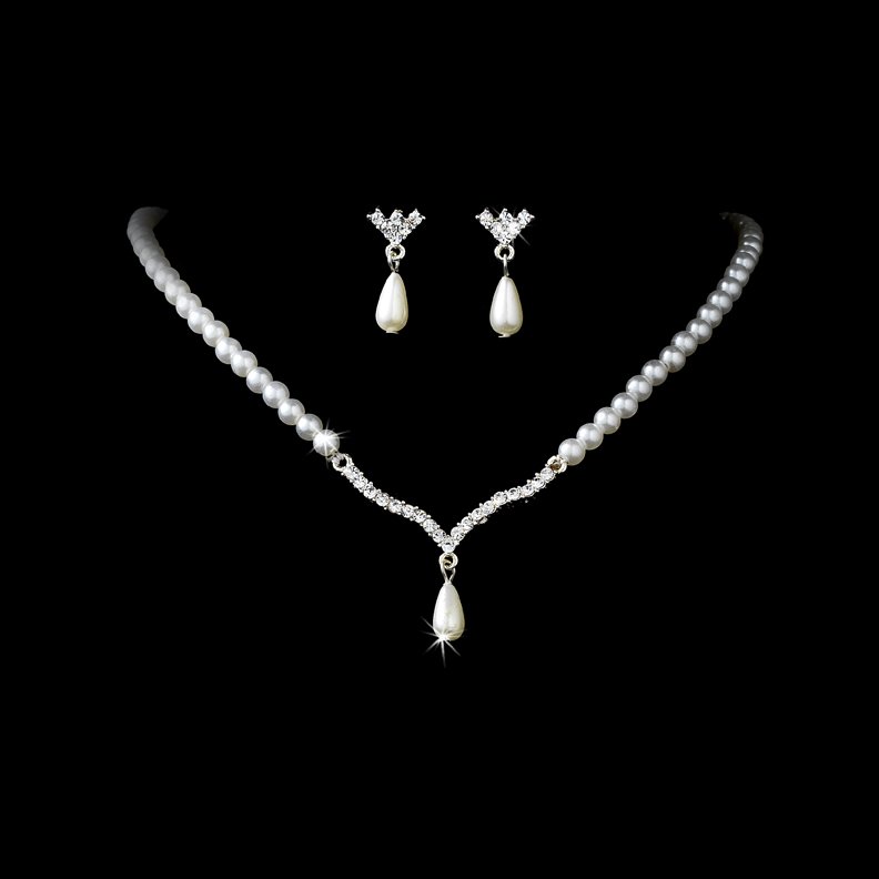 Silver Crystal White Pearl Necklace Earring Set