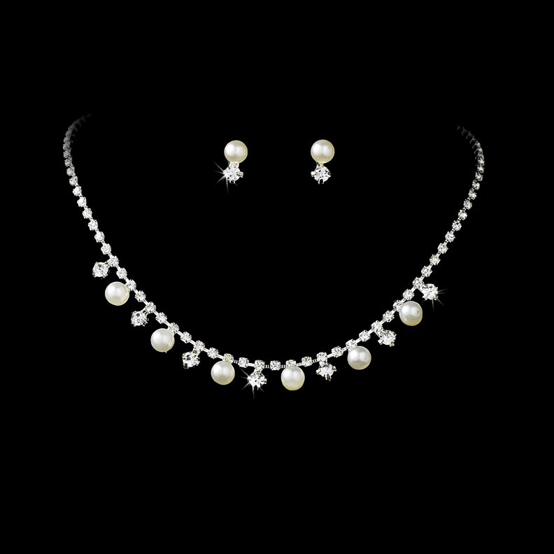 Silver Rhinestones White Pearl Necklace Earring Set