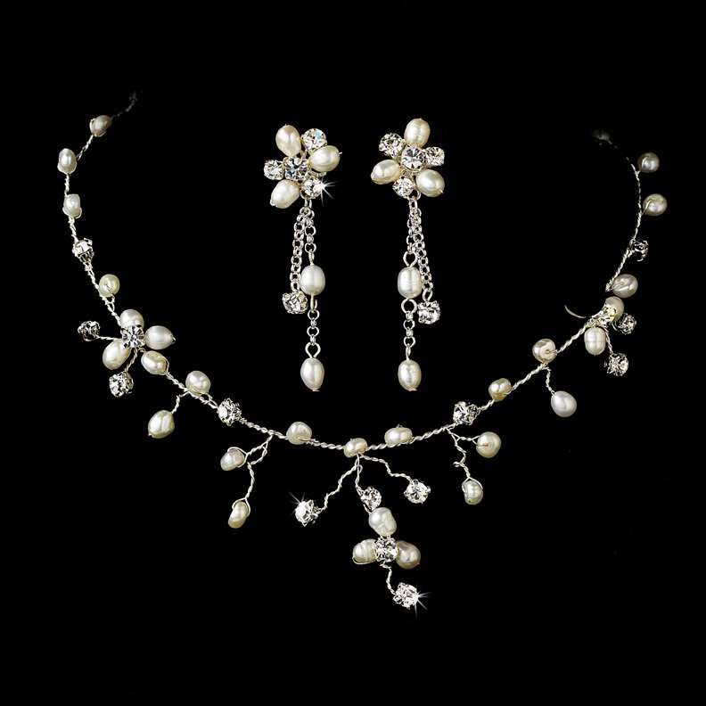 Silver Rhinestone Freshwater Pearl Necklace Earring Set