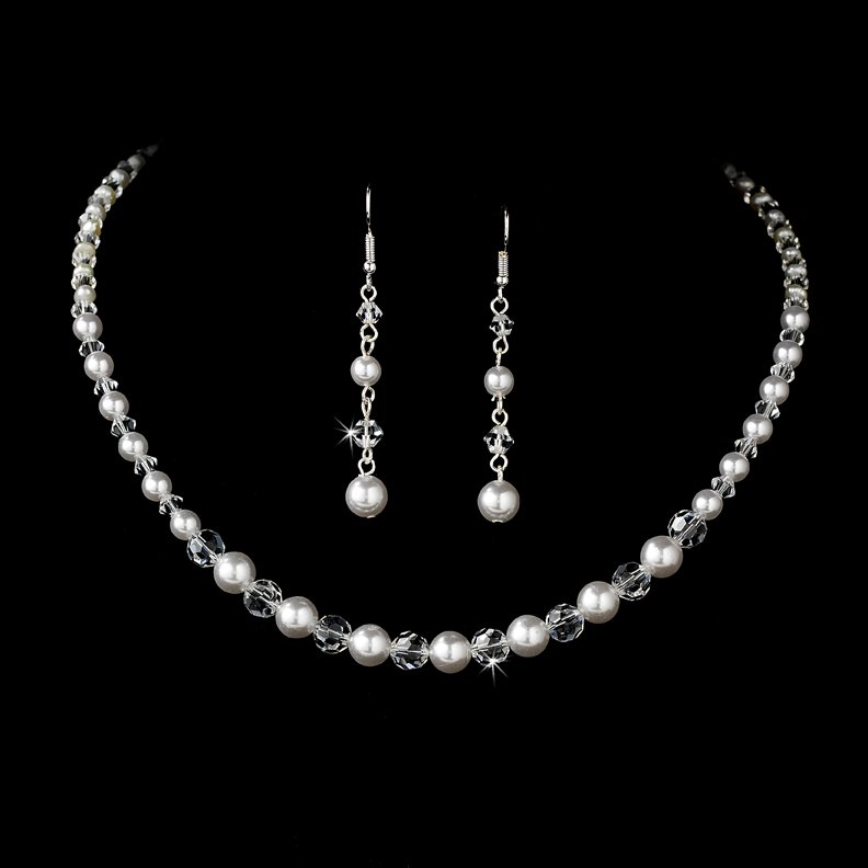 Silver Swarovski White Pearl Necklace Earring Set