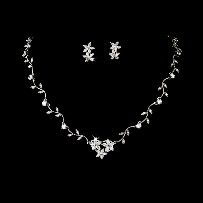 Silver CZ Crystal Star Vine Necklace Earring Set
