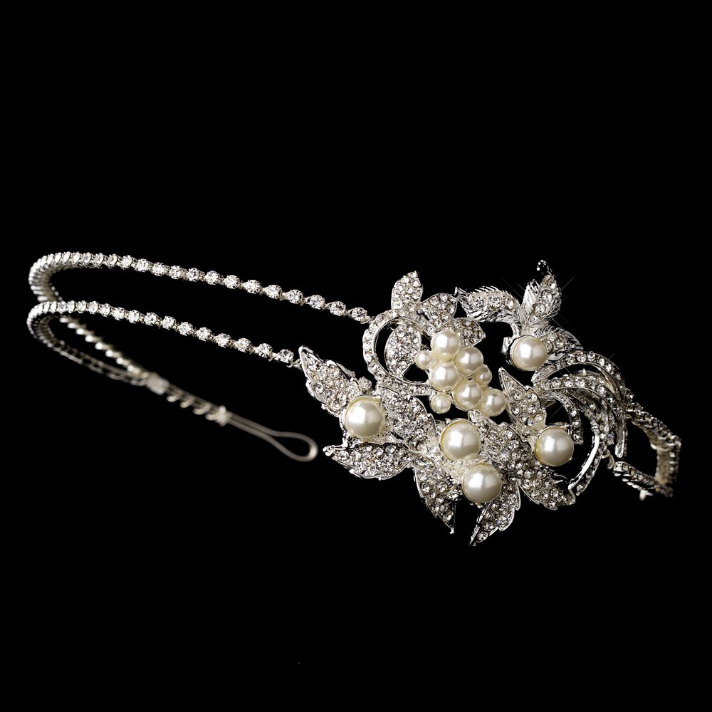 Silver Rhinestone Crystal Pearl Leaf Headband Tiara