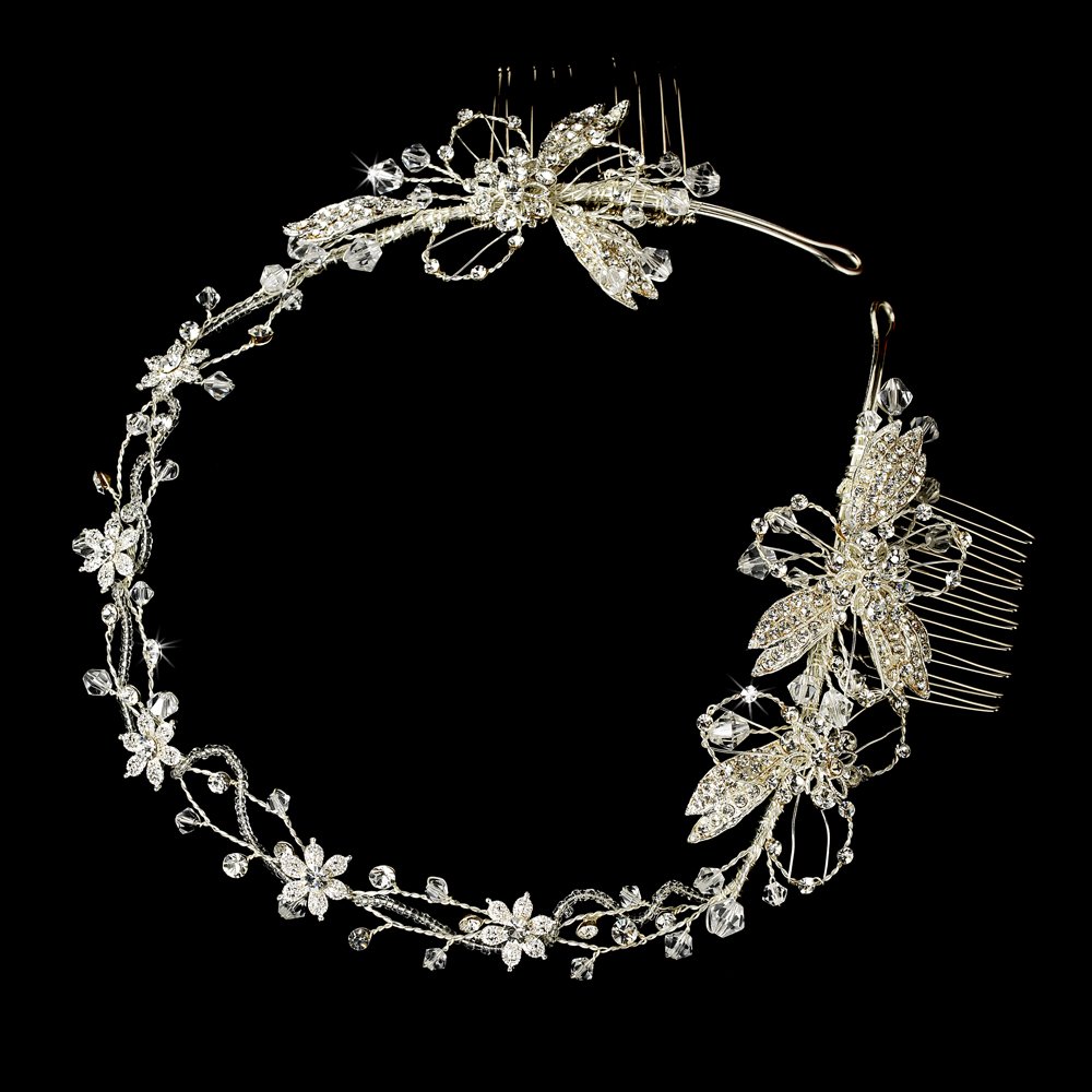 Silver Floral Rhinestone Crystal Bridal Headband Tiara