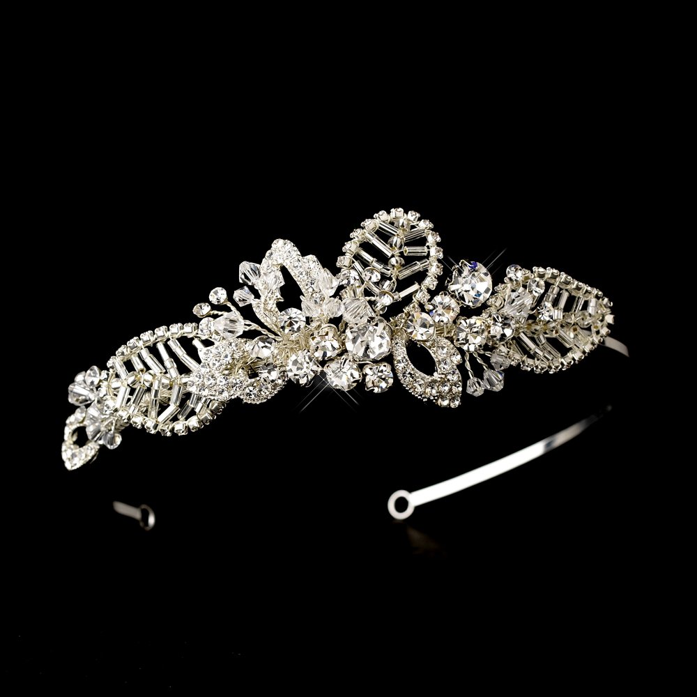 Silver Rhinestone Beaded Leaf Floral Headband Tiara