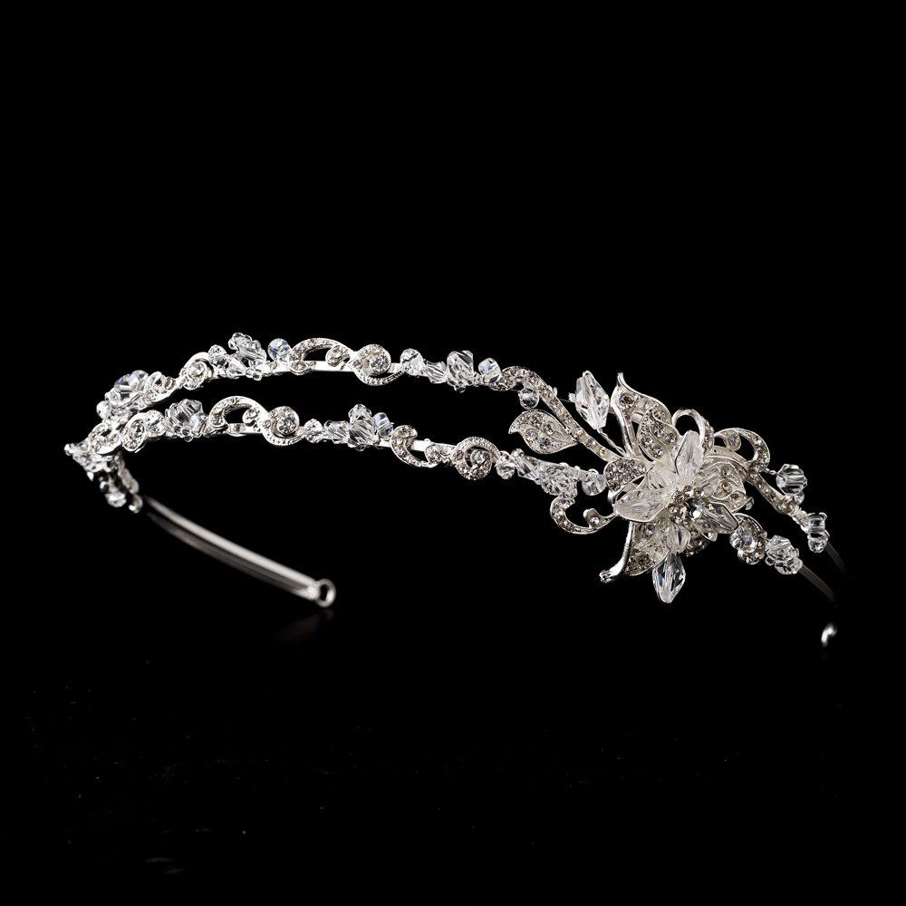 Silver Rhinestone Crystal Flower Headband Tiara