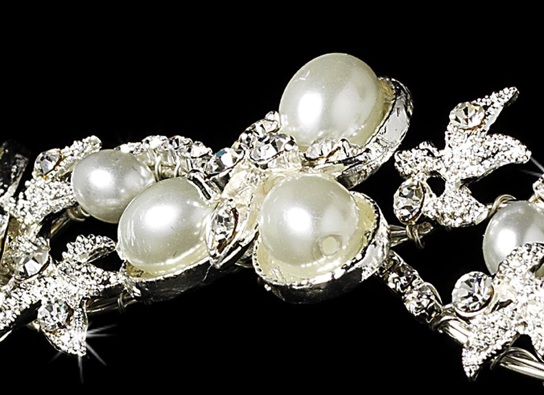 Silver Rhinestone White Pearl Headband Tiara