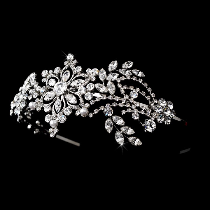 Silver Elegant Swarovski Crystal Pearl Headband Tiara