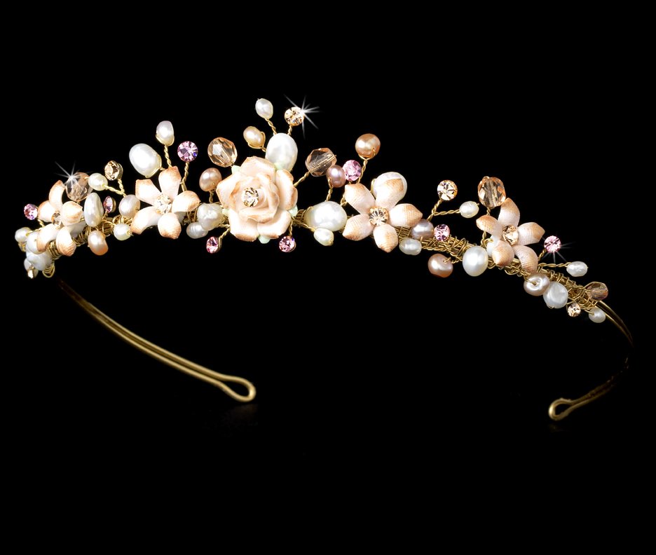 Porcelain Rose Rhinestone Pearl Headband Tiara