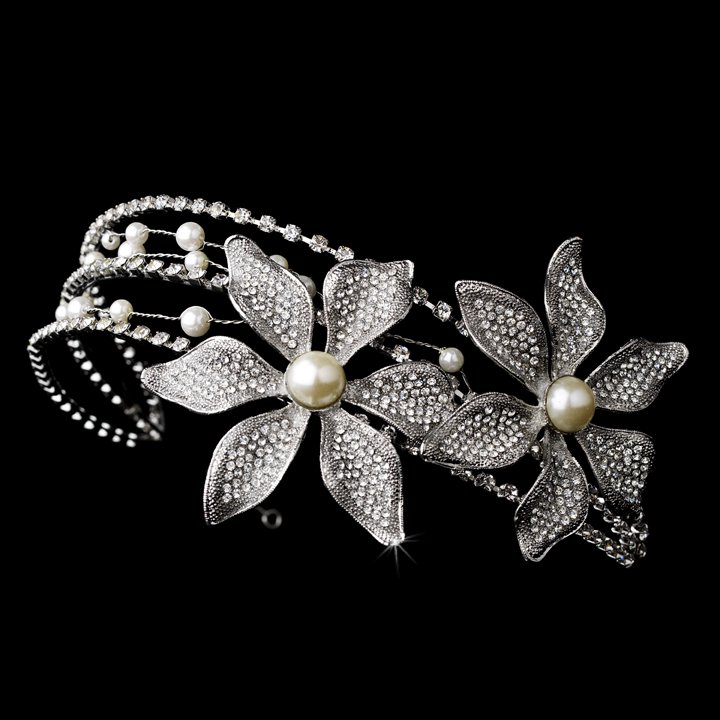 Silver Pearl Swarovski Crystal Flower Headband Tiara