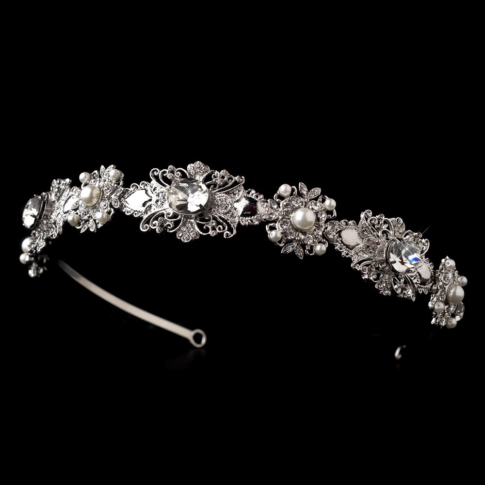 Silver Rhinestone Crystal Pearl Bridal Headband Tiara