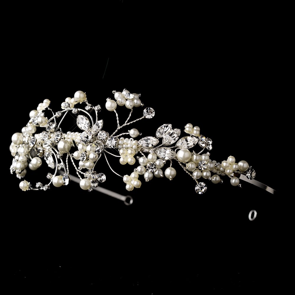 Silver Elegant Rhinestone Pearl Headband Tiara
