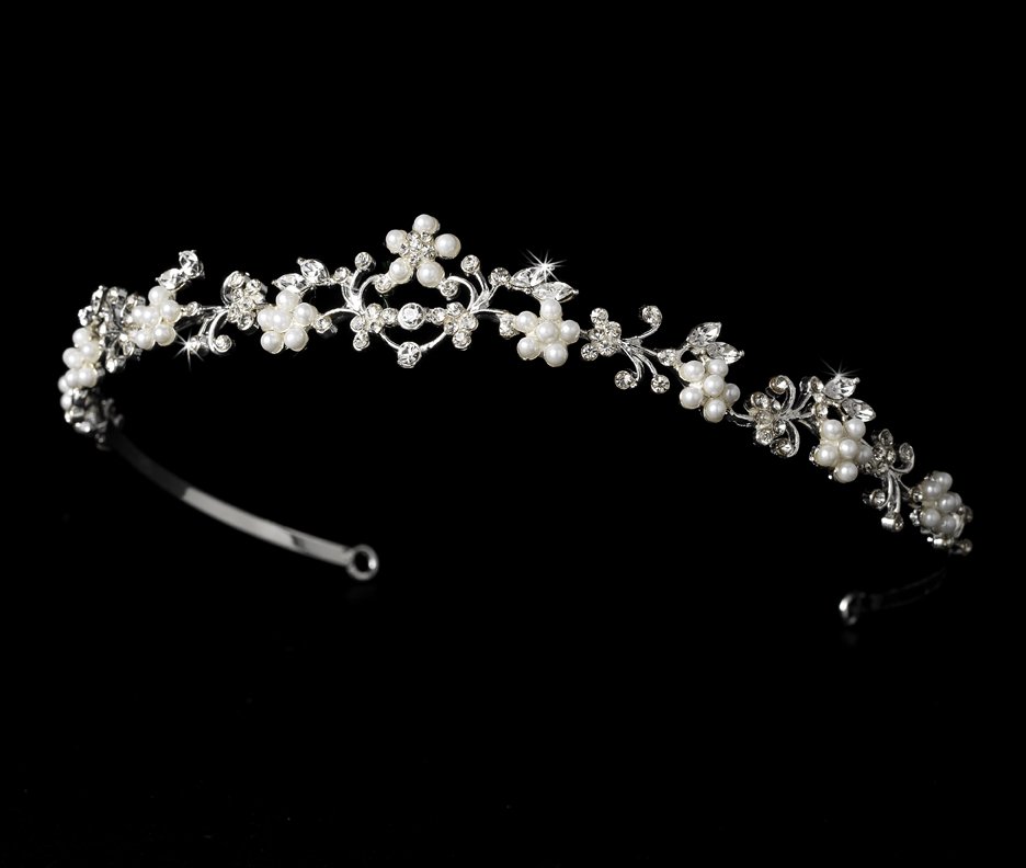 Silver Rhinestone White Pearl Bridal Headband Tiara