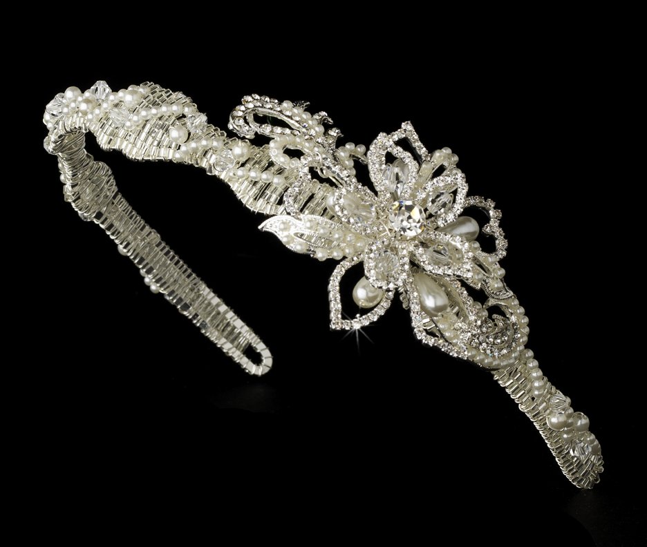 Silver Ivory Pearl Crystal Flower Headband Tiara