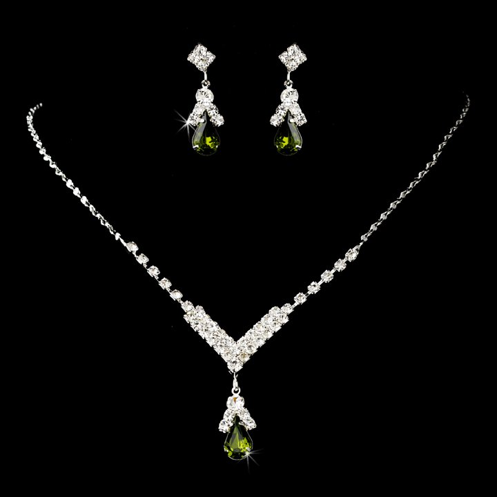 Silver Olive Green Teardrop Necklace Earring Set