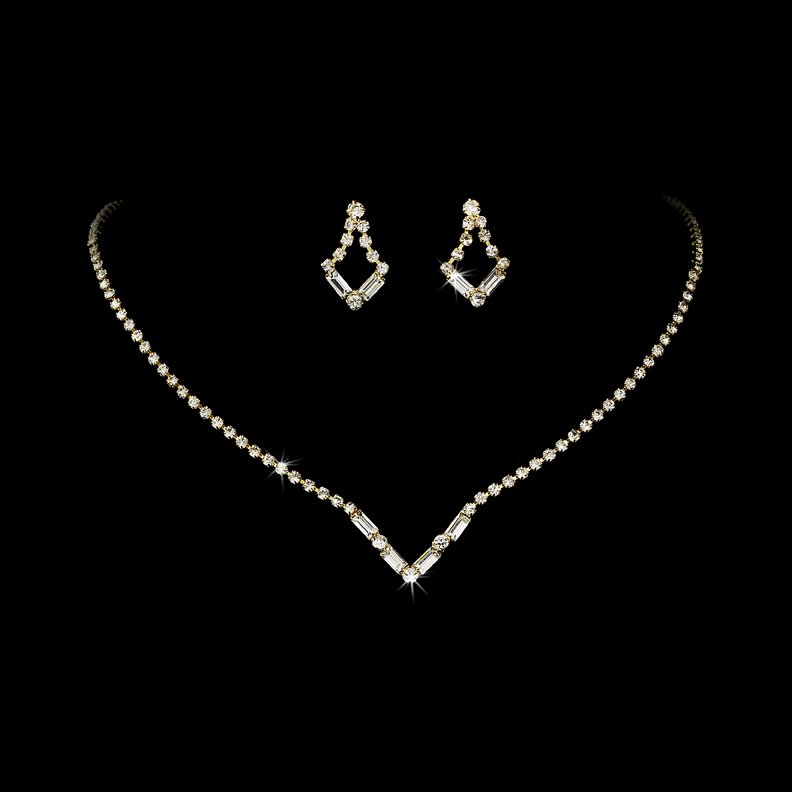Gold Clear Crystal V-Shaped Necklace Earring Set