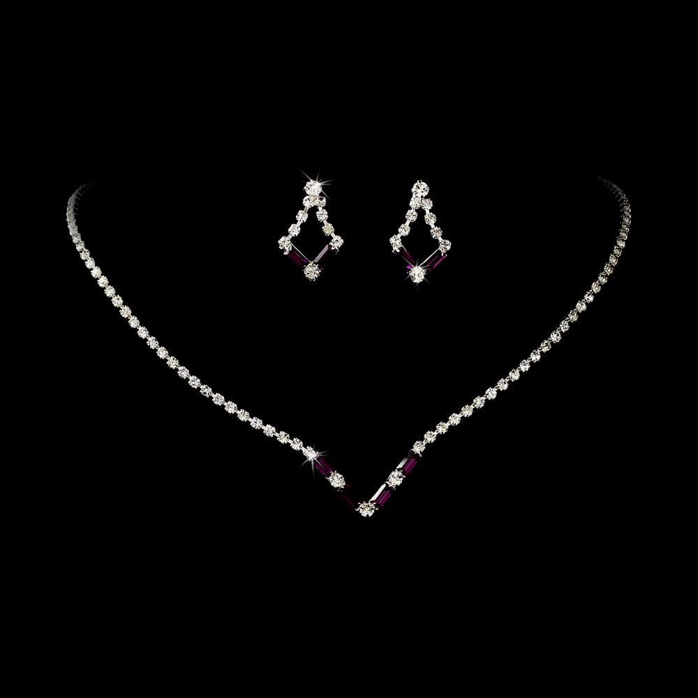 Silver Amethyst Crystal V-Shaped Necklace Earring Set