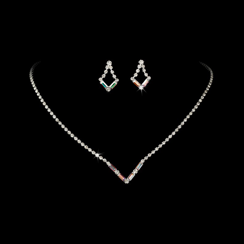 Silver AB Crystal V-Shaped Necklace Earring Set
