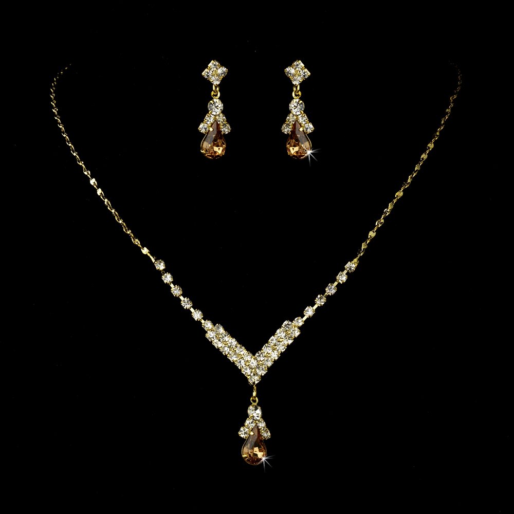 Gold Light Brown Crystal Teardrop Necklace Earring Set