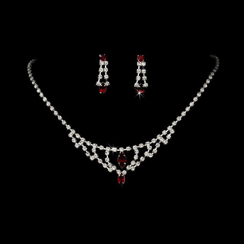 Silver Red Crystal Chandelier Necklace Earring Set