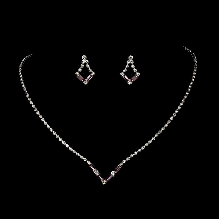 Silver Light Amethyst Crystal Necklace Earring Set