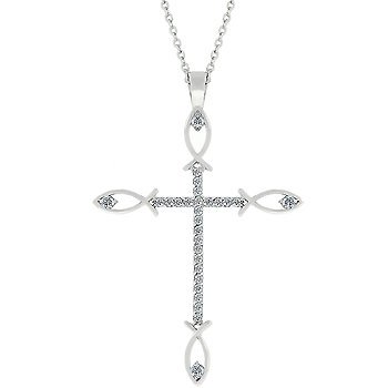 NEW White Gold Peace Cross CZ Pendant Necklace