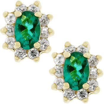 NEW 14K Gold CZ Emerald Flower Stud Earrings