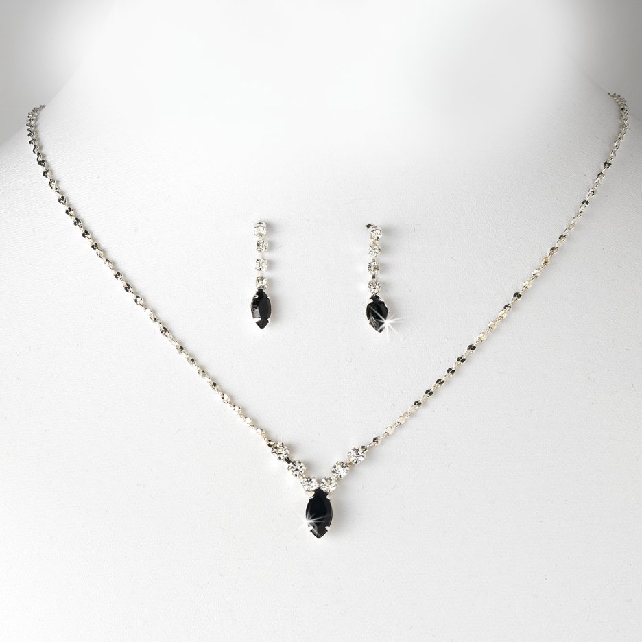 Silver Black Rhinestone Bridal Necklace Earring Set