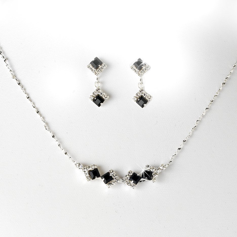 Silver Black Clear Crystal Square Necklace Earring Set