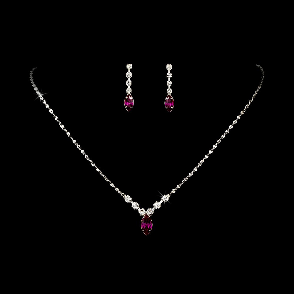 Silver Fuchsia Rhinestone Bridal Necklace Earring Set