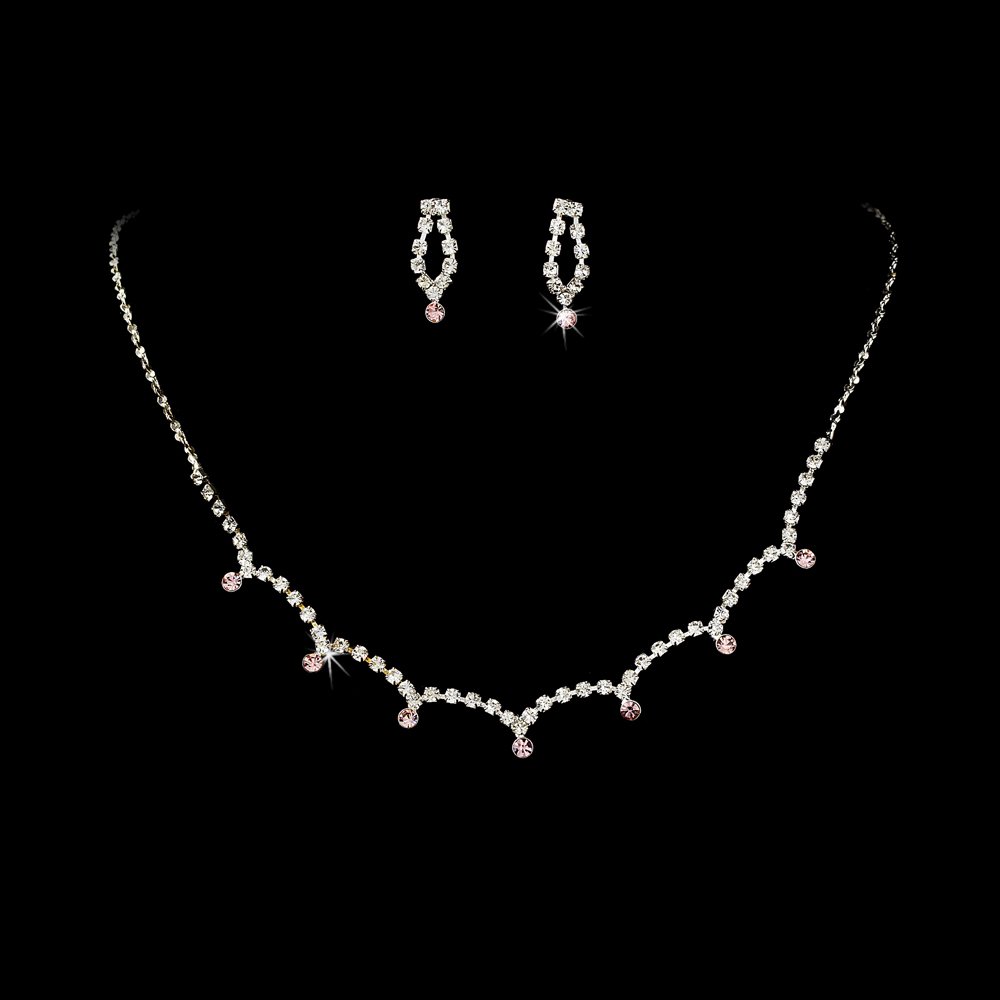 Silver Pink Clear Crystal Necklace Earring Set