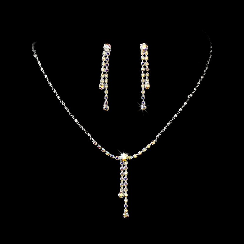 Silver AB Crystal Rhinestone Drop Necklace Earring Set