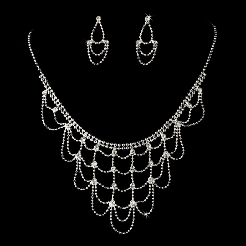 Silver Clear Rhinestone Chandelier Necklace Earring Set