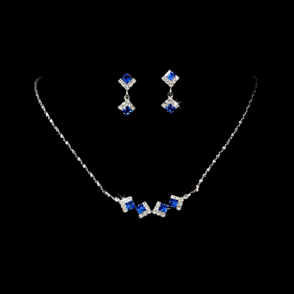 Silver Blue Clear Crystal Square Necklace Earring Set