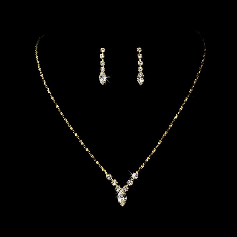 Gold Crystal Rhinestone Bridal Necklace Earring Set