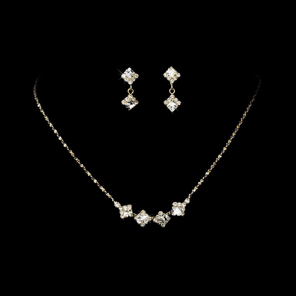 Gold Clear Crystal Square Necklace Earring Set