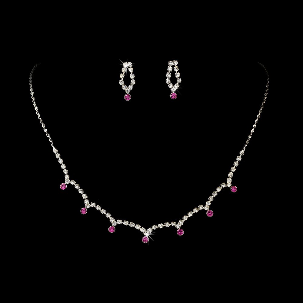 Silver Fuchsia Clear Crystal Necklace Earring Set