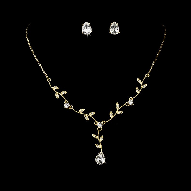 Gold Clear Crystal Floral Stud Necklace Earring Set