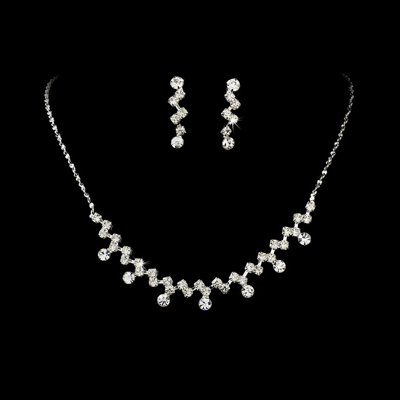 Silver Clear Crystal Accented Necklace Earring Set