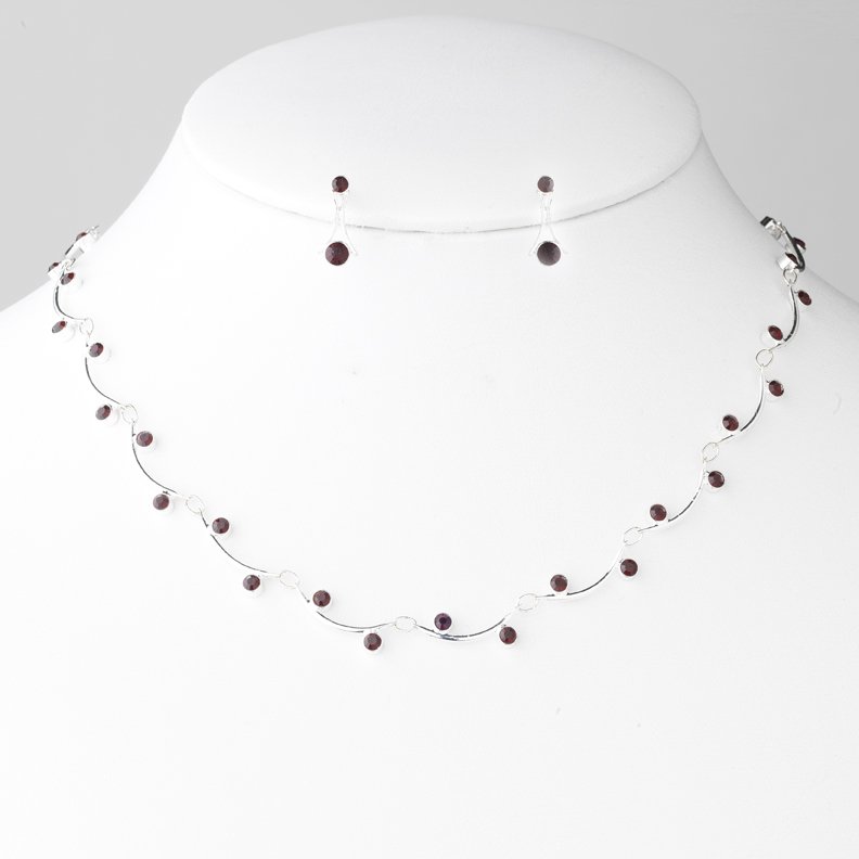 Silver Burgundy Crystal Bridal Necklace Earring Set