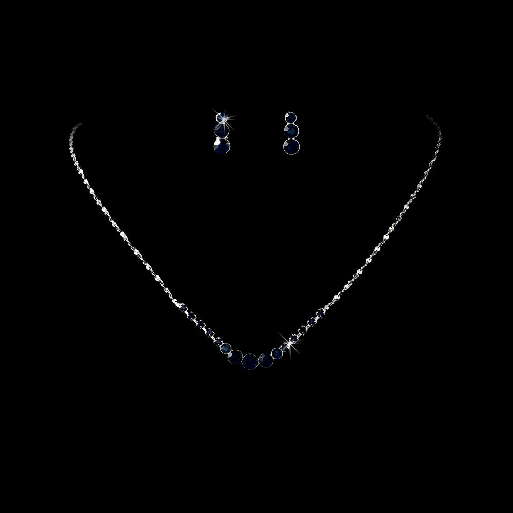 Silver Navy Blue Rhinestone Necklace Earring Set