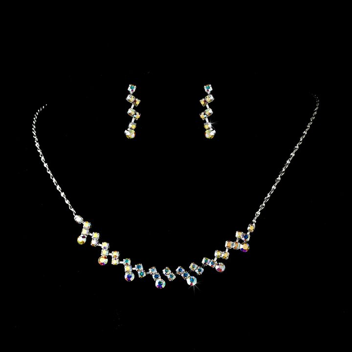 Silver AB Crystal Accented Necklace Earring Set