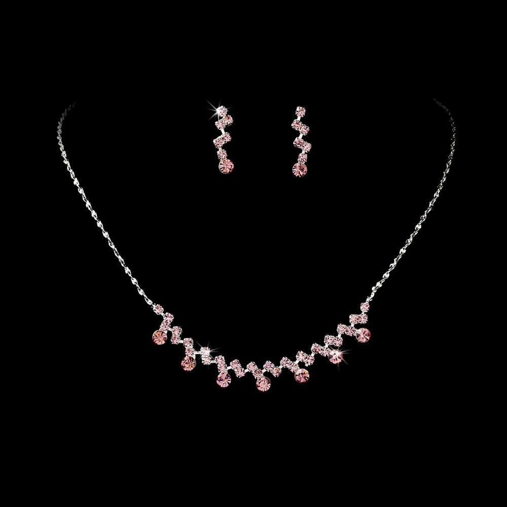 Silver Pink Crystal Accented Necklace Earring Set
