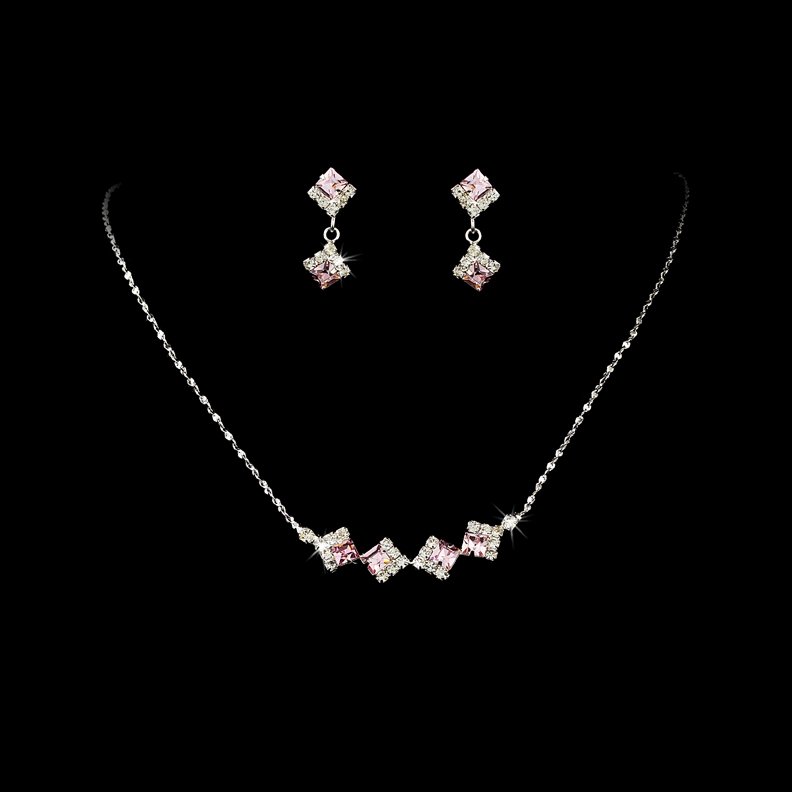 Silver Pink Clear Crystal Square Necklace Earring Set