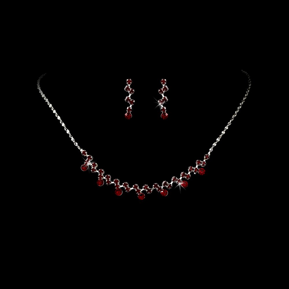 Silver Red Crystal Accented Necklace Earring Set