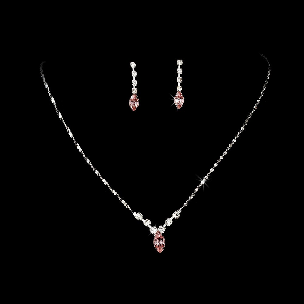 Silver Pink Rhinestone Bridal Necklace Earring Set