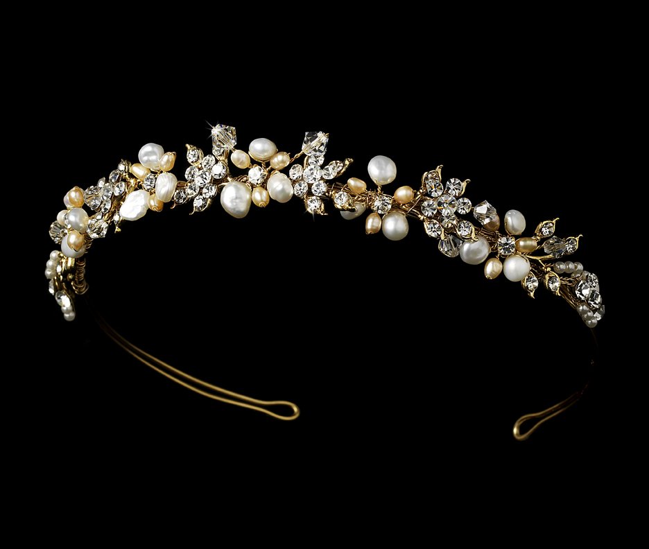Gold Pearl Swarovski Crystal Bridal Headband Tiara