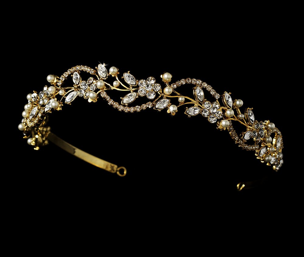 Gold Rhinestone Crystal Pearl Floral Tiara Headband