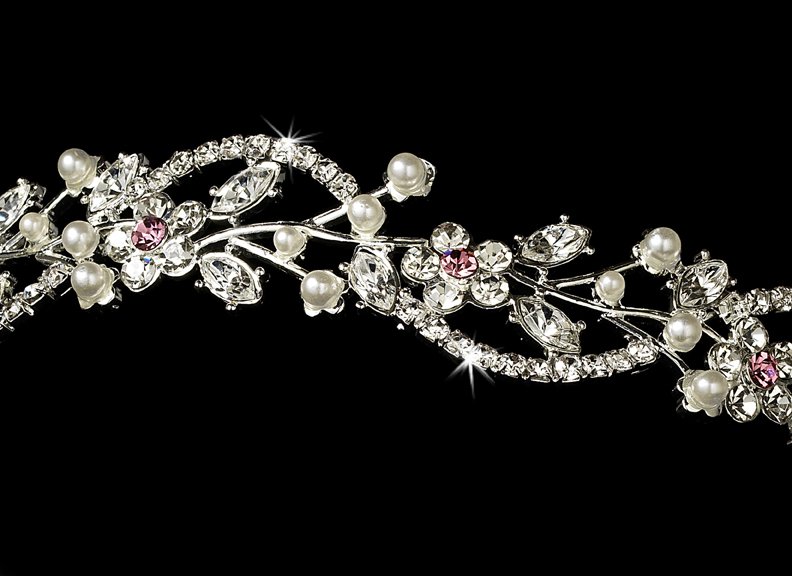Silver Pink Rhinestone Crystal Floral Tiara Headband