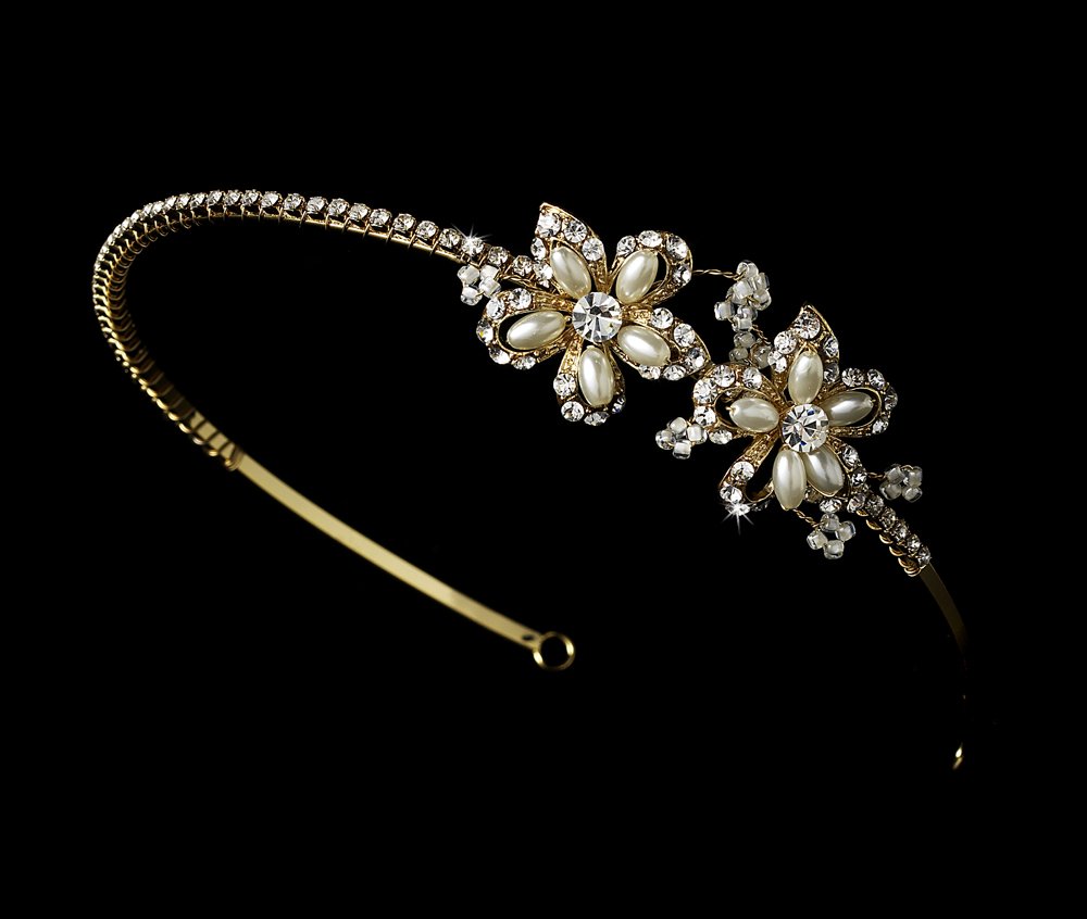 Gold Rhinestone Pearl vory Flower Bridal Tiara Headband