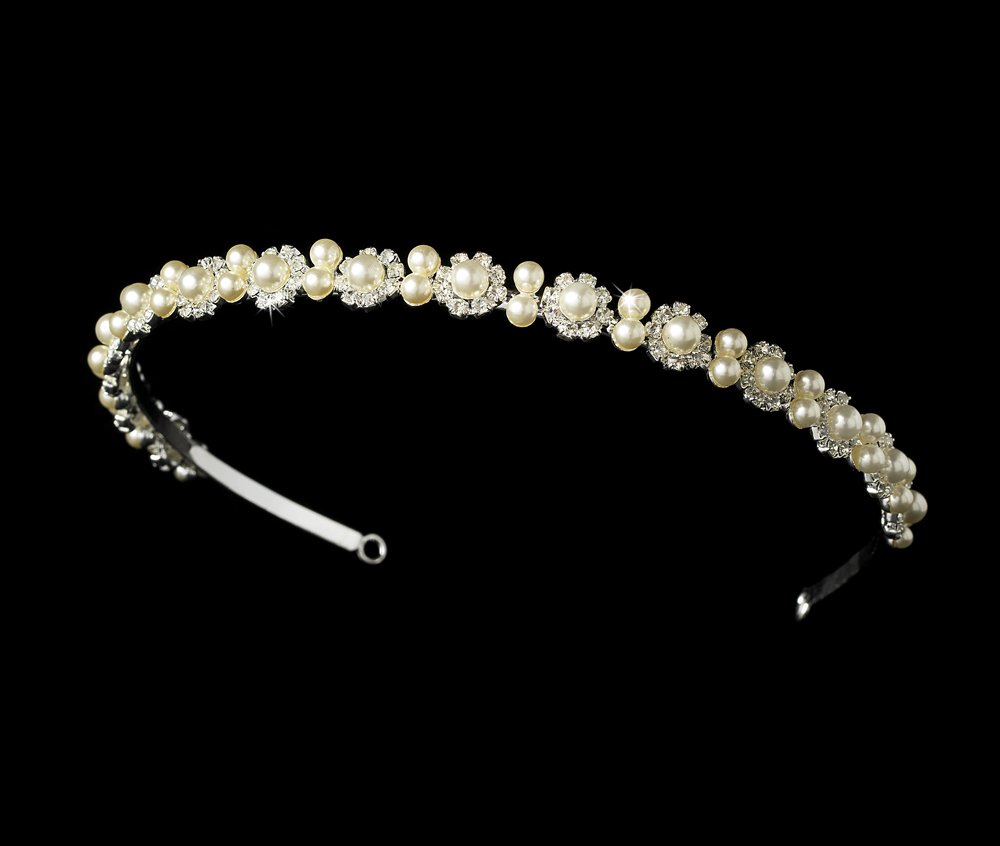 Silver Rhinestone Crystal Ivory Pearl Headband Tiara